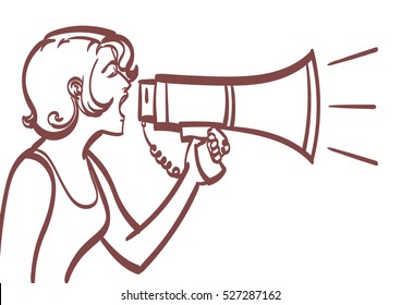 Vector full isolated portrait of a beautiful woman with  megaphone. Lineart drawing, eps 10.