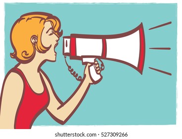 Vector full isolated portrait of a beautiful woman with megaphone. Lineart drawing, eps 10.