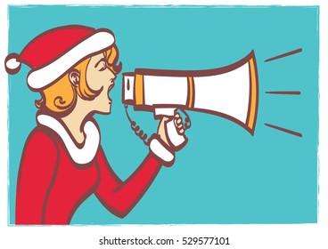 Vector full isolated portrait of a beautiful woman in christmas clothes with megaphone. eps 10 on layers