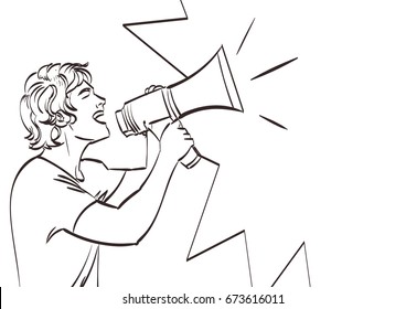 Vector full isolated portrait of a beautiful man with megaphone. Lineart drawing, eps 10. MORE in my gallery