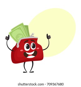 Vector full of money wallet, purse character flat illustration isolated on a white background. Expressive happy, emotional smiling wallet full of money with speech bubble