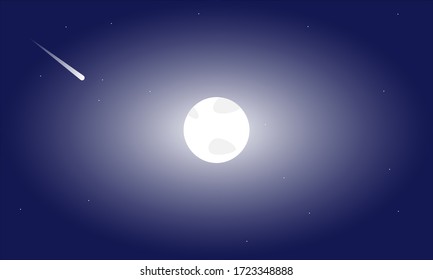 Vector full moon glowing with flying comet in starry sky. Can be used as a background, postcard, pattern on clothes, scrapbooking, book illustration.