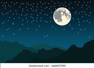 Vector Full Moon Illustration with Stars, Trees and hills 

