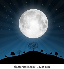 Vector Full Moon Illustration and Stars   Trees