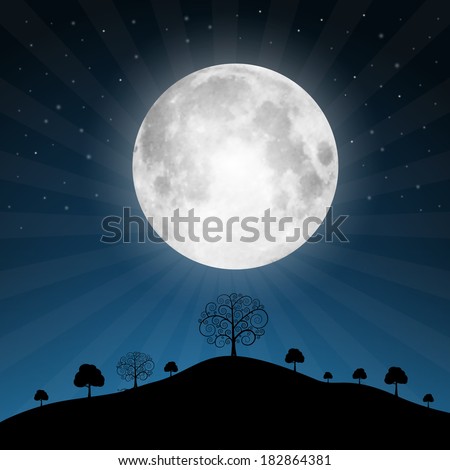 Vector Full Moon Illustration with Stars and Trees