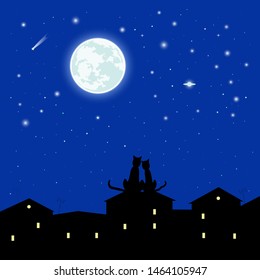 vector full moon. luminous halo comets and planets. starry sky roofs of houses. two cats on the roof. can be used as a background, postcard, pattern on clothes, scrapbooking, book illustration