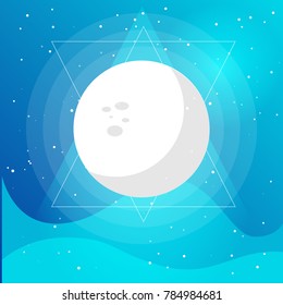 Vector of full moon phase flat Illustration on a gradient sky blue backgroud with constellation of stars, waves and triangle frame. Used for logo, icon or templates for web

