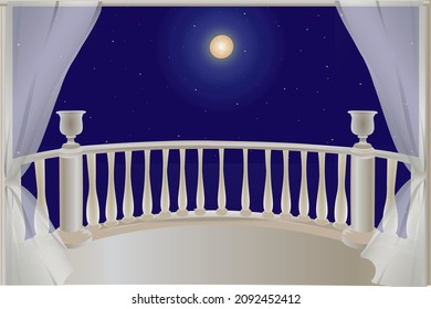 vector of full moon with stars, beautiful terrace with pots and curtains