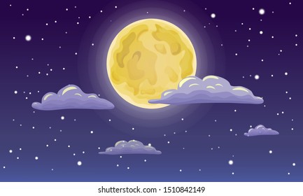 vector full moon, stars and clouds on the dark midnight sky. Night time scenery background. Cartoon moon on dark cloudy and starry sky. bright and cute illustration of yellow moon, and stars.