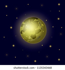 Vector Full Moon and Stars, Dark Blue Sky Background, Galaxy Backdrop.
