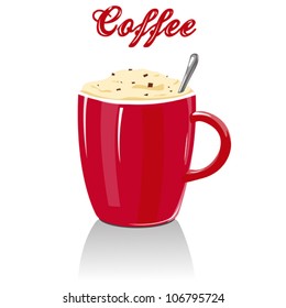 Vector full red coffee mug with text. Coffee cup with cappuccino, cream and chocolate, silver spoon. 