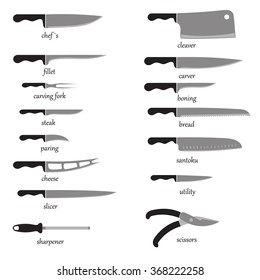 Cuchillos vectoriales completos de cocina, gran elección, fondo blanco