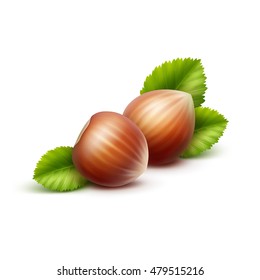 Vector Full Unpeeled Realistic Hazelnuts with Leaves Close up Isolated on White Background