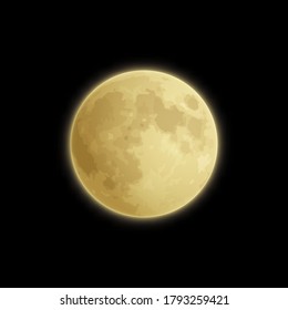 Vector full yellow moon in the night dark sky. Supermoon.