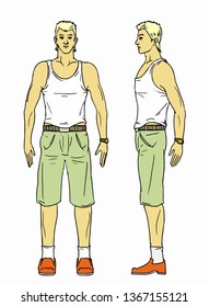 Vector full-height handsome young man wearing white shirt and green breeches from two sides 