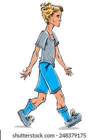 Vector full-length drawing of a Caucasian fair-haired teenager, bright cartoon hand-drawn side view of animated youngster, colorful illustration of a walking boy.