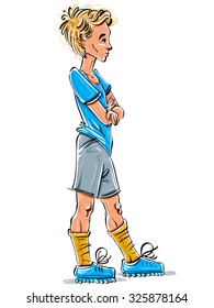 Vector full-length drawing of Caucasian fair-haired teenager crossing his arms, bright cartoon hand-drawn side view of youngster wearing blue t-shirt, colorful illustration of standing boy.