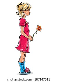 Vector full-length drawing of a friendly Caucasian fair-haired teenager, bright cartoon hand-drawn side view of a smiling young woman with a flower, colorful illustration of a standing slim girl.