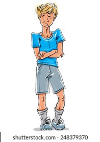 Vector full-length drawing of a smiling Caucasian fair-haired teenager crossing his arms, hand-drawn front view of youngster wearing blue t-shirt, shorts and sneakers, standing  boy.