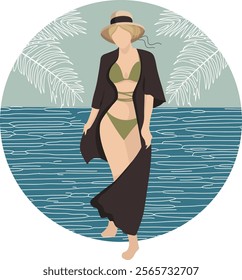 Vector full-length image of a girl without a face. In a round frame. Icon. Avatar. Postcard.