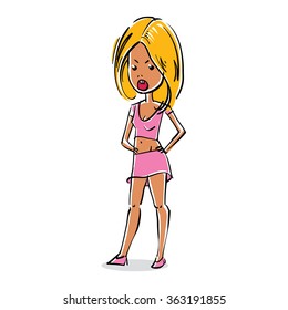 Vector full-length portrait of beautiful blonde lady. Cartoon hand-drawn illustration of attractive angry woman.