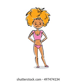 Vector full-length portrait of beautiful blonde lady. Cartoon hand-drawn illustration of attractive angry shouting woman.