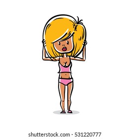 Vector full-length portrait of beautiful blonde lady. Cartoon hand-drawn illustration of attractive surprised woman.