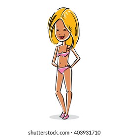 Vector full-length portrait of beautiful happy blonde lady. Cartoon hand-drawn illustration of attractive smiling woman.