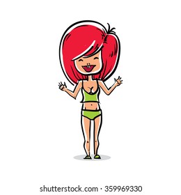 Vector full-length portrait of beautiful red-head lady. Cartoon hand-drawn illustration of attractive smiling woman.