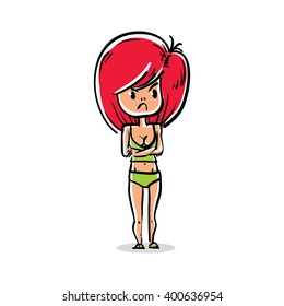 Vector full-length portrait of beautiful red-head lady. Cartoon hand-drawn illustration of attractive angry woman.