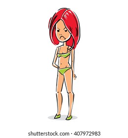 Vector full-length portrait of beautiful sad red-haired lady. Cartoon hand-drawn illustration of attractive angry woman.