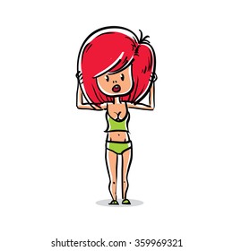 Retrato vectorial de larga duración de una mujer sexy sorprendida, ilustración de la personalidad de la caricatura. Sencillo dibujo de una atractiva dama adulta de cabeza roja.