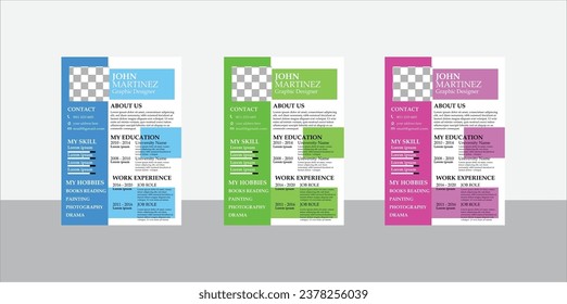 Vector fully editable a4 cv set of three colors, cv template design.