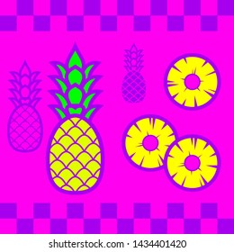 Vector fun bright colorful illustration of pineapples and pineapple slices