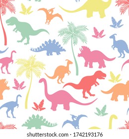 Vector fun bright seamless pattern with multicolored silhouettes of dinosaurs on a white background, for packaging design, covers, wallpaper, print on textiles