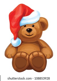 Vector fun brown bear in red Santa's hat