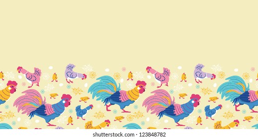 Vector fun chickens horizontal seamless pattern background ornament with hand drawn farm birds.