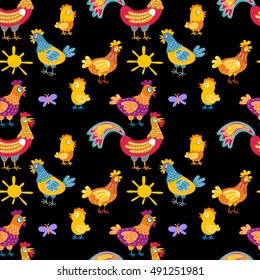 Vector fun chickens seamless pattern background with hand drawn farm birds. art