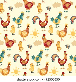 Vector fun chickens seamless pattern background with hand drawn farm birds. art