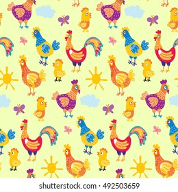 Vector fun chickens seamless pattern background with hand drawn farm birds. art