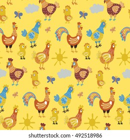 Vector fun chickens seamless pattern background with hand drawn farm birds. art