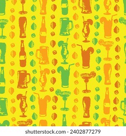 Vector fun cocktails alcoholic drinks paint grunge silhouette vertical arrangement seamless pattern. Suitable for textile, menu design and wallpaper.