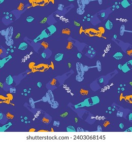 Vector fun cocktails alcoholic drinks paint grunge silhouette random arrangement seamless pattern 01. Suitable for textile, menu design and wallpaper.