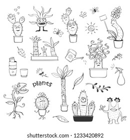 Vector fun collection of home plants monsters. Isolated sketches on white background