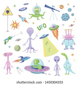 Vector fun collection of ufo and aliens. Cartoon characters and spaceships on a white background.