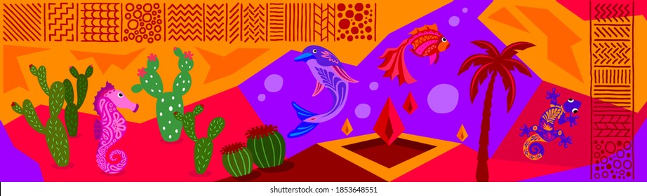 Vector fun colorful abstract surreal primitive flat illustration of dolphin seahorse cactus lizard and palm tree