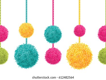 Vector Fun Colorful Decorative Hanging Pompoms Horizontal Seamless Repeat Border Pattern. Great for handmade cards, invitations, wallpaper, packaging, nursery designs.