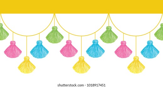 Vector Fun Colorful Decorative Tassels Set Horizontal Seamless Repeat Border Pattern. Great for handmade cards, invitations, wallpaper, packaging, nursery designs.