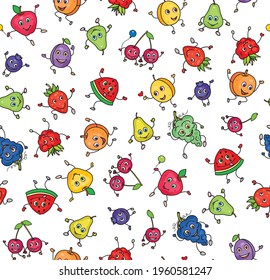 Vector  fun, cute fruits  and berries cartoons, seamless pattern isolated.