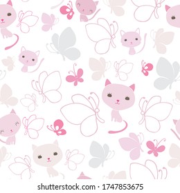 Vector fun cute pink cats and butterflies seamless pattern on white background. Great for fabric, textile, card, scrapbooking. Surface pattern design.